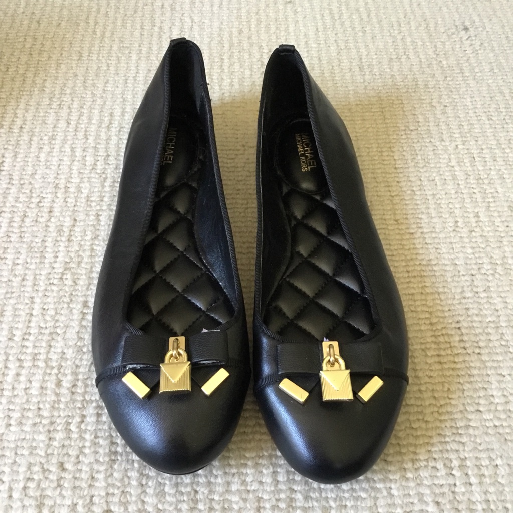 Michael Kors Black Leather Ballet Flats With Gold Accent